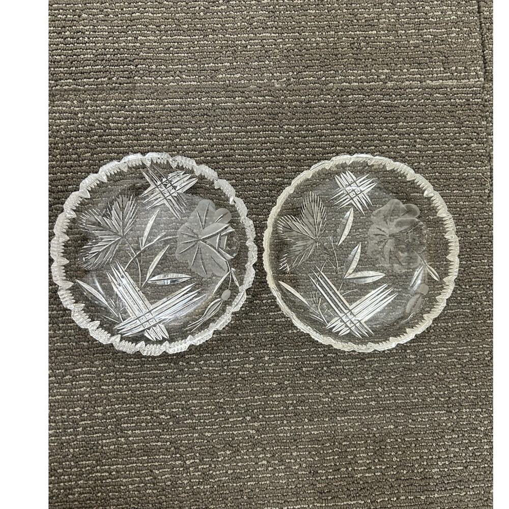 Set of 2 Plates Trinket Trays Vintage Cut Glass Floral Etched Design